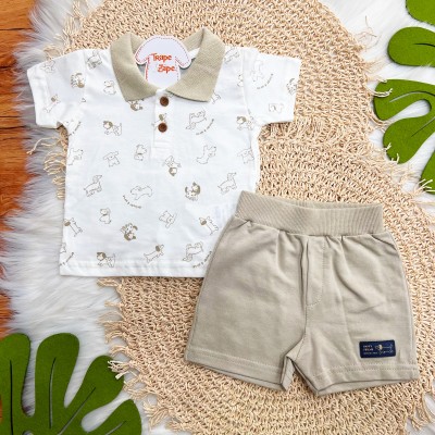 Conj. Camiseta Gola Polo Happy Friend e Bermuda - Off White e Areia